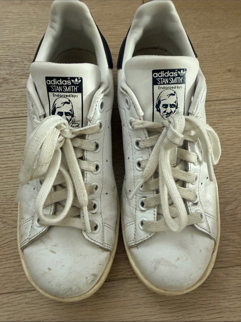 adidas White and Navy Stan Smith Leather Sneakers